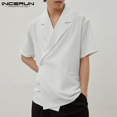 INCERUN เสื้อเชิ้ตแขนสั้นสำหรับผู้ชาย,เสื้อเบลาส์ทรงหลวมคอวีสำหรับใส่ในวันหยุดเสื้อสีพื้น (สไตล์เกาหลี)