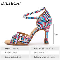 DILEECHI รองเท้าเต้นรำละตินของผู้หญิงพรรครองเท้าเต้นรำรองเท้าแตะ Multicolor แบบสีม่วง PU รองเท้าเต้นรำบอลรูมส้นคิวบา9เซนติเมตร