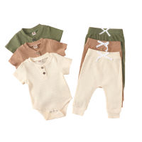 2Pcs Baby Boys Girls Outfit, Toddlers Summer Autumn Solid Color Front Button Short Sleeve Romper + Long Trousers Set  by Hs2023