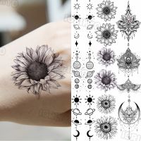 Waterproof Sunflower Temporary Tattoos For Women Girls Realistic Outer Space Moon Henna Fake Tattoo Sticker Hand Neck Tattoos 3D