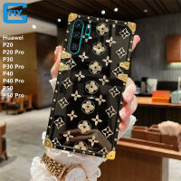 พราวโบว์ทองเงาพิมพ์ Rich ดอกไม้ Luxury Square เคสโทรศัพท์สำหรับ Huawei P20 / Huawei P20 Pro / Huawei P30 / Huawei P30 Pro / Huawei P40 / Huawei P40 Pro / Huawei P50 / Huawei P50 Pro ปลอก