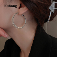 Kuhong ต่างหูเงินต่างหูฝังเพทายวงกลมขนาดใหญ่แวววาวของผู้หญิง