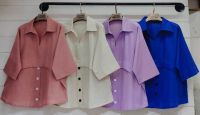 Odee&amp;Cutie Daily Fashion lininblouse  เสื้อผ้าลินินคอปกทรงเก๋ ตกแต่งกระดุมสีพื้นสลับผ้าลายเนื้อผ้าดี