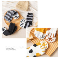 3 Pairs Socks Womens Autumn And Winter Plus Velvet Thickened In The Tube Warm Coral Velvet Socks Cartoon Cat Paw Socks