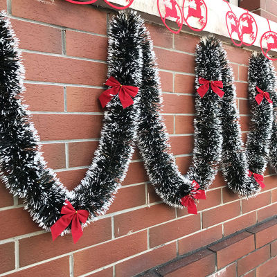 MZD【Merry Christmas 】2ชิ้น/เซ็ต2M Christmas Garland Home Party Wall Door Decor เครื่องประดับต้นคริสต์มาส Tinsel Strips พร้อม Bowknot Party Supplies