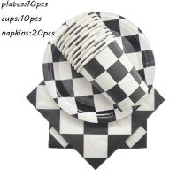 ☜✼△ Black White Racing Car Party Deco Servies Chess Disposable tableware Plate Cup Napkin Party Supplies Baby Shower Deco for Kids