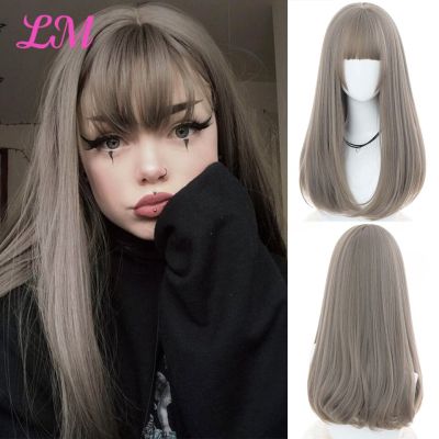LM Long Straight Aoki Grey Wig With Bang Synthetic Wigs For Women Heat Resistant Natural Hair For Daily Halloween Cosplay Party