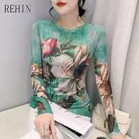 ➦REHIN เสื้อยืดลายตาข่ายแขนยาวสำหรับผู้หญิง,เสื้อสตรีบางและเข้ารูปพิมพ์ลายคอกลมเสื้อเบลาส์ S-3XL