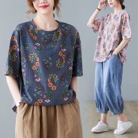 COD tjjs079 Large Size Casual Style Round Neck Short Sleeve Floral T-Shirt Loose Womens Top