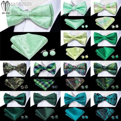 ✴❏♛ Hi-Tie Sage Mint Grass Teal Green Silk Mens Bow Tie Hanky Cufflinks Set Pre-tied Butterfly Knot Bowtie for Male Wedding Business
