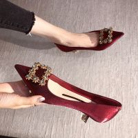 High heels womens stiletto heel 2020 new wild net red y fashion rhinestone pointed single shoes red Xiuhe wedding sh