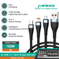 FELESS ใหม่ 6A 100W สายชาร์จเร็วสุด 3 ใน 1 สายเคเบิลข้อมูลถักไนลอน IOS Micro USB Type-c