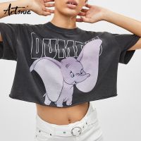 Artsnie streetwear casual cropped dumbo t shirt women summer 2019 dark gray short sleeve top female streetwear crop tops t-shirt