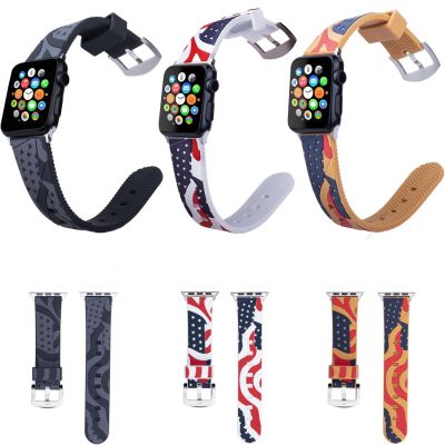 ☊✔ Vintage US National Flag สร้อยข้อมือซิลิโคนสำหรับ Apple Watch Band 38/42 มม. Series 3 2 1 Stars Stripes สายรัดข้อมือสำหรับ iWatch