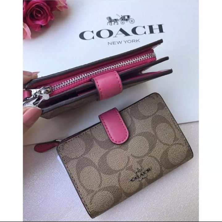 Coach F23553 Medium Corner Zip Snap Bifold Wallet in Signature Coated  Canvas - Khaki / Fuchsia Pink Women's Wallet