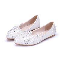 Crystal Queen Women Flats Shoes Handmade Wedding Shoes Pearl Rhinestone Beaded Anklet Lace-Up Shoes White Bridesmaid Shoes