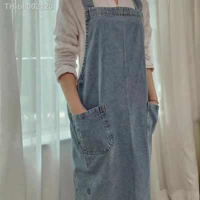 ∈﹉ Korean Lady Dress Denim Apron For Woman Cotton Fabric Garden Kitchen Baking Cooking Aprons Household Cleaning Accessories