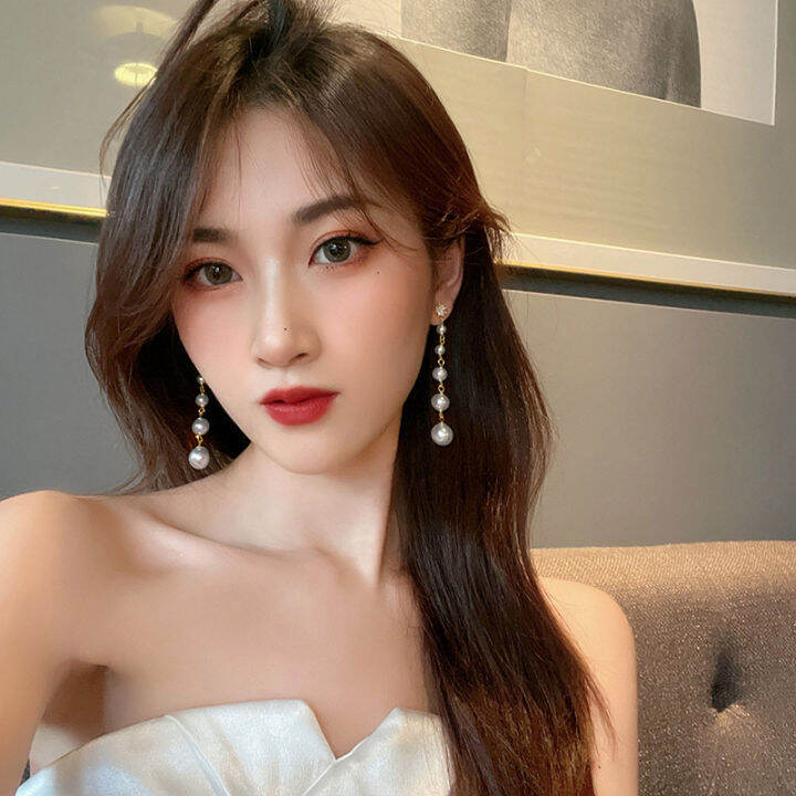 ต่างหูมุกพู่แบบยาวสไตล์เกาหลีต่างหูบรรยากาศหรูหราหรูหราหรูหราหรูหราสไตล์เกาหลีต่างหูทรงยาวดูผอมเกินจริง