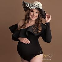 【DT】hot！ Slope Shoulder Maternity Photography Props Bodysuit Stretchy Woman Photoshoot Bodysuits