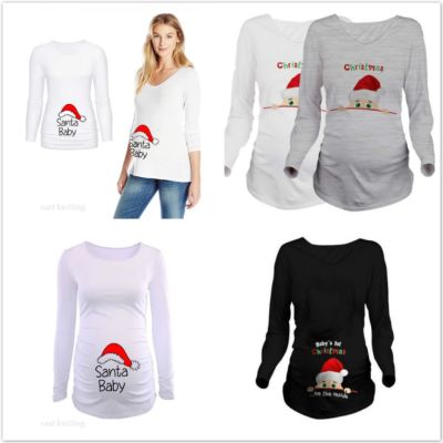 Pregnant Woman Christmas Long Sleeve Santa Baby Print T Shirt Christmas Side Ruched Maternity Top Pregnancy Clothes Pregnant Tee