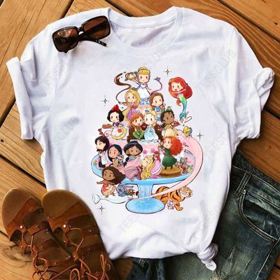 Disney Kawaii การ์ตูนเจ้าหญิงกราฟิกผู้หญิงเสื้อยืดในฤดูร้อนที่น่ารักเสื้อหลวมสีขาวเด็ก O-Neck Tees แขนสั้นเสื้อเด็ก