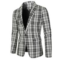 ZZOOI 2022 New  Mens One Button Casual Suit Black and White Plaid Print Suit Top Mens Thin Jacket blazer for men