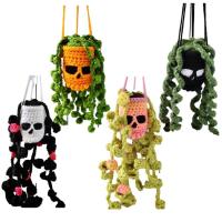 Crochet Succulents Ornament Halloween Crochet Succulents Car Pendant Spooky Ornament Skull Basket Car Mirror Ornament for Home Decor Goth Auto Parts Halloween Decorations kindness