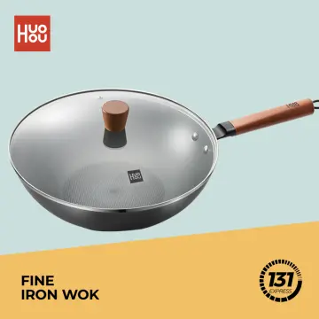 28cm Upgraded Chinese Cast Iron Wok With Lid Carbon Steel Pan Flat