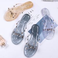 Summer Women Slippers Bow Flip Flops Rivet Flats Sandals Outdoor Transparent Crystal Beach Shoes Female Open Toe Shoes