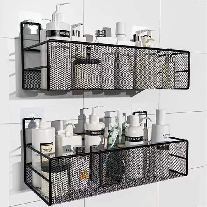 Black Wall-mounted Bathroom Shelf Shower Shampoo Rack Toilet Accessories  Kitchen Free Punch Condiment Storage Basket