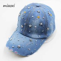 Miaoxi New High Quality Womens Hat Cap Baseball Denim Rhinestone Caps Cotton Snapback Women Men Adult Sun Hats Adjustable