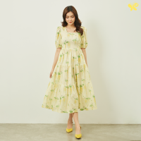 Woman Puff Sleeves Firework Dress เดรสยาวลายดอกคูน คอเหลี่ยม แขนพอง จากผ้าป่าน Extra Fine Cotton Lawn (Cotton 100%) ผ้าเนื้อเรียบ เนียนนุ่ม ผ้าบางเบาสวมใส่สบายที่สุด