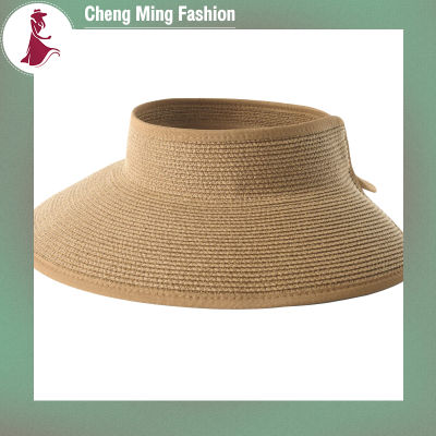 หมวกบังแดด Cheng Ming สำหรับผู้หญิงหมวกฟางชายหาดกันกันแดดรังสียูวีด้านบนว่างเปล่าแบบพับได้สำหรับฤดูร้อน
