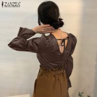 ZANZEA ashion Elastic Cuff Puff Sleeved Backless Leather Casual Blouse