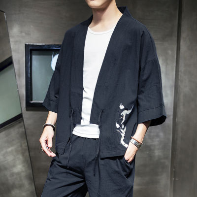 M-5XL บวก Saiz Lelaki เสื้อคาร์ดิแกน Kimono Separuh Lengan Jepun Streetwear Musim Panas ลินิน Baju Kren Embred Pakaian Lelaki XXXXXL