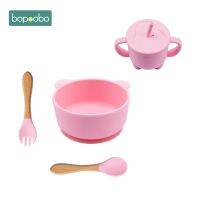 Silicone Baby Feeding Bowl 4pc1set Tableware Waterproof Baby Learning Suction Bowl Set Wood Fork Spoon Non-Slip For Child Learn