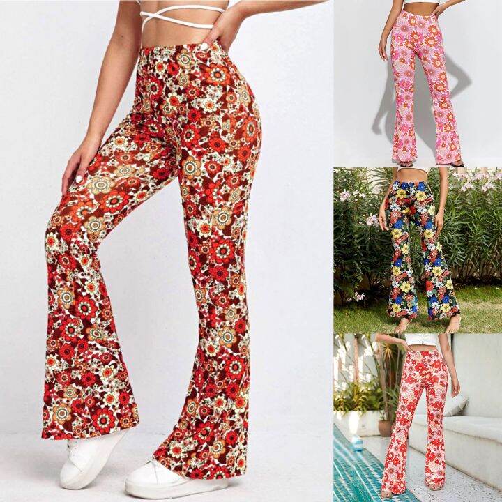 Ladies Casual Sports Comfortable Floral Prints Flared Trousers