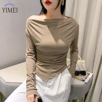 YIMEI เสื้อยืดแขนยาวคอเส้นสำหรับผู้หญิง,เสื้อยืดโชว์ไหปลาร้าสำหรับฤดูใบไม้ผลิและฤดูใบไม้ร่วงเข้ารูปพอดีเผ็ดใหม่สำหรับเด็กผู้หญิงเสื้อเอวลอยไม่สม่ำเสมอ