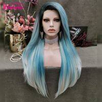 Imstyle Ombre Blue Grey Wigs For Women Long Straight Synthetic Lace Front Wig Heat Resistant Fiber Glueless Dark Root Wig Gift ของขวัญ