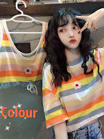 【CANTR】ฤดูร้อนใหม่สไตล์ Xuanya สีรุ้งลายเสื้อครอปหลวมแขนสั้นเสื้อยืดผู้หญิงอิน