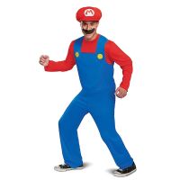 Super Mario Bros เครื่องแต่งกายสำหรับผู้ใหญ่พร้อมหมวกและหนวดปลอมตัว Mens Mario เครื่องแต่งกายเทศกาลตลกชุดคอสเพลย์