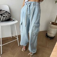 JulyPalette Y2k High Waist Drawstring Cargo Jeans For Women Big Pockets Oversize Jogger Pants Cool Girls Baggy Denim Trousers