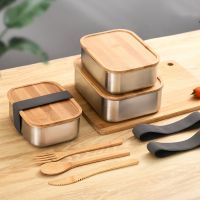 ๑✆ 304 stainless steel bamboo wooden cover lunch box food grade sushi box Division office lunch lunch container containers