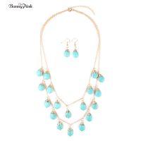 【cw】 Banny Pink Bohemia Synthetic Stone Pendant Choker Necklace Ethnic Semi precious Collar Colliers ！