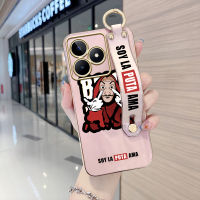 Case4you สำหรับ Realme C53 Realme Narzo N53 (มีสายรัดข้อมือ) ขอบสี่เหลี่ยมนิ่มลายการ์ตูน La คาซ่าเดอ Papel ชุบเคลือบเคสโทรศัพท์เคสโทรศัพท์นิ่มสุดหรู