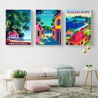 Retro Seaside Landscape โปสเตอร์การ์ตูนสี City ภาพวาดผ้าใบ Guadelupe Wall Art พิมพ์สำหรับตกแต่งห้องนั่งเล่น