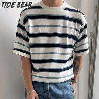 TIDE BEAR บางลายทางถักแขนสั้นผู้ชายฤดูร้อนผ้าไหมน้ำแข็งแขนครึ่ง