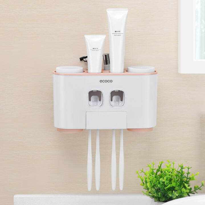 bathroom-accessories-organizer-holder-set-toothbrush-holder-wall-mount-automatic-toothpaste-dispenser-make-up-storage-rack