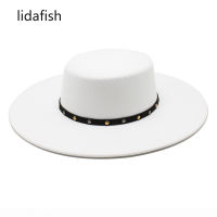 lidafish New Classic Solid Color Felt Fedoras Hat for Men Women Big Brim 10cm Jazz Cap Simple Church Derby Flat Top Hat