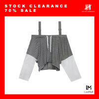 (SIX P.M.) STRAP HOLD KNITTED BLOUSE / เสื้อเบลาส์ ครอปสั้น เอวลอย ตัดต่อผ้า3ชนิด / S19